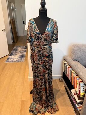 Nasty Gal Teal Paisley Devore Angel Sleeve Jumpsuit - Size 12